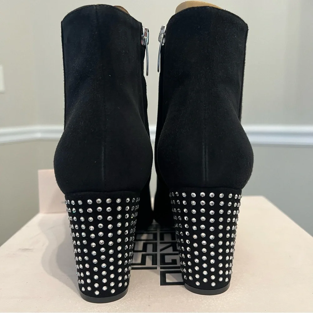 Sergio Rossi Black Suede Ankle Bootie Crystal Embellished 75 Block Heel Zip 5 35